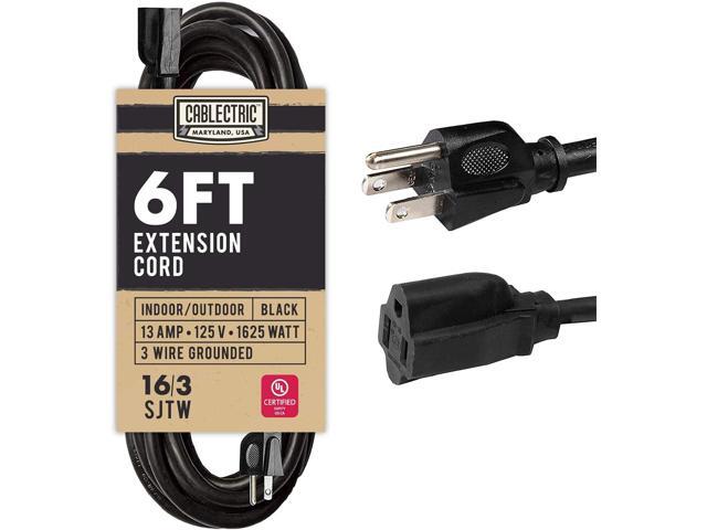 6 Foot Outdoor Extension Cord - 16/3 SJTW Black 16 Gauge Electrical Cable with 3 Prong Grounded Plug