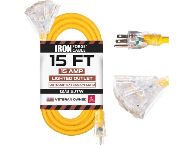 IRON FORGE CABLE 15 Foot Lighted Outdoor Extension Cord with 3 Electrical Power Outlets - 12/3 SJTW Heavy Duty Yellow Extension Cable with 3 Prong...