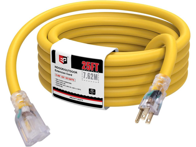 EP 25 Ft Lighted Outdoor Extension Cord - 10/3 SJTW Heavy Duty Yellow Extension Cable with 3 Prong Grounded Plug for Safety, UL Listed