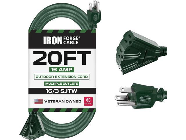 Iron Forge Cable 20ft Green Outdoor Extension Cord with 3 Outlets - 16/3 SJTW 20ft Extension Cord 3 Prong, 13 Amp All-Weather Heavy Duty Power Cable