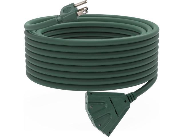 50 Ft Outdoor Extension Cord with 3 Electrical Power Outlets - 16/3 SJTW Green Cable with 3 Prong Grounded Plug