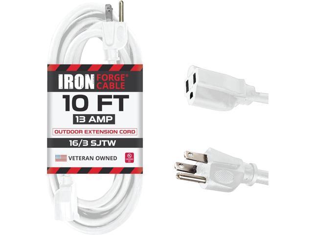 Iron Forge Cable Weatherproof 10 Ft Outdoor Extension Cord - 16/3 SJTW Heavy Duty White Extension Cord 3 Prong - 13 Amp Exterior Power Cable