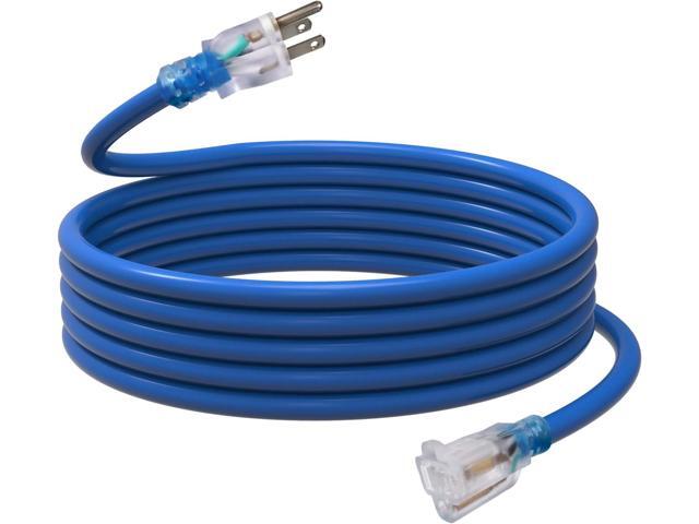 EP 15 Ft Outdoor Extension Cord, 12/3 SJTW Heavy Duty Waterproof Power Cable, 3 Prong Grounded Plug, Lighted End, for Lawn, Garden, Appliances, Blue
