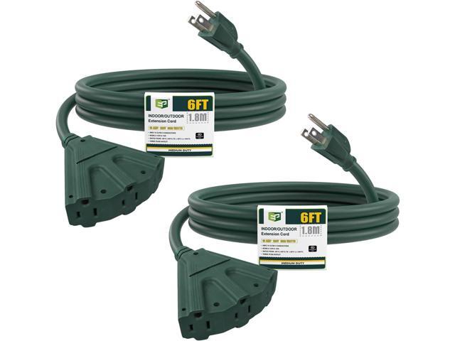EP 2 Pack 6 Ft Outdoor Extension Cord with 3 Electrical Power Outlets - 16/3 SJTW Green Cable with 3 Prong Grounded Plug for Safety Great for...
