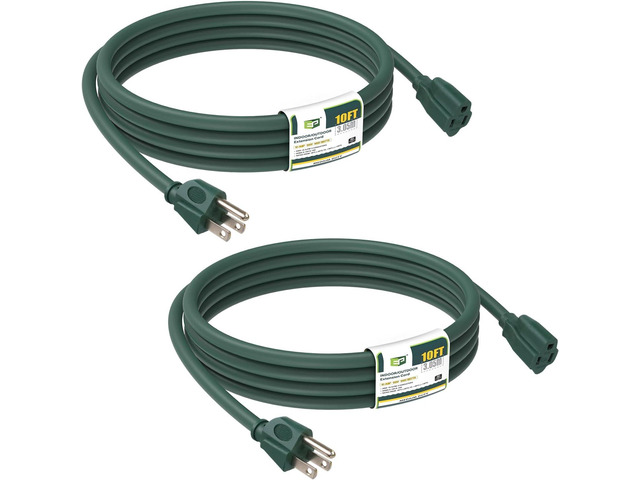 EP 2 Pack 10FT Green Outdoor Extension Cord, 16/3 SJTW Heavy Duty Waterproof, 3 Prong Grounded Plug, 13A 1625W 16AWG, Cold-Resistant Flexible Power...