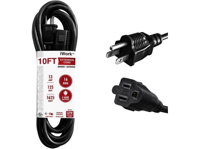 10ft Black Extension Cord, 16/3 SJTW Heavy-Duty, 10' Cable 3-Prong Grounded Plug, Weather-Resistant Power Strip, UL Listed, 13 Amp/1625 Watt...