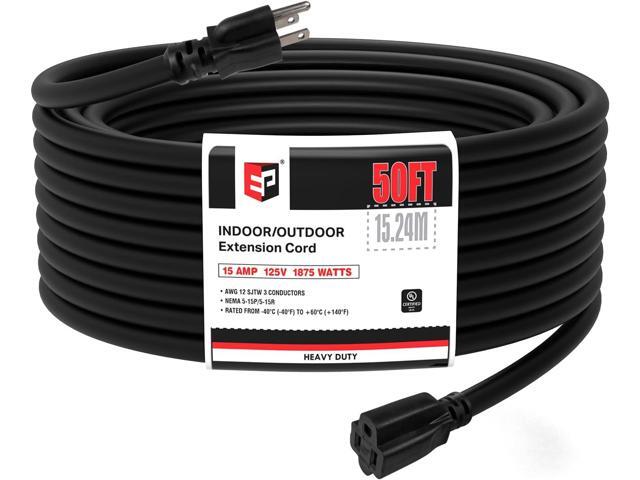 EP 50 Ft Outdoor Extension Cord - 12/3 SJTW Heavy Duty Black Extension Cable with 3 Prong Grounded Plug - Power Cord for Lawn, Garden, Appliances