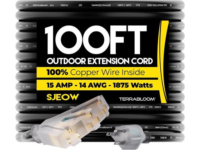 TerraBloom 14/3 Heavy Duty Extension Cord 100 FT Outdoor - Black Outdoor Extension Cord Multiple Outlet - Ultra-Flexible SJEOW Rubber, Light...