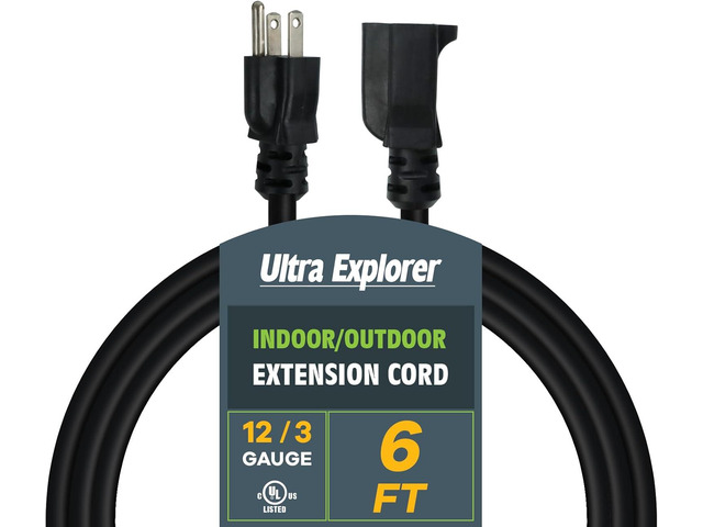 Black Indoor Outdoor Extension Cord 6 Ft, 12/3 SJTW Heavy Duty Black Extension Cable with 3 Prong Grounded Plug - Power Cord for Lawn, Garden,...