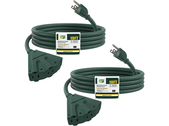 EP 2 Pack 10 Ft Outdoor Extension Cord with 3 Electrical Power Outlets - 16/3 SJTW Green Cable with 3 Prong Grounded Plug for Safety Great for...