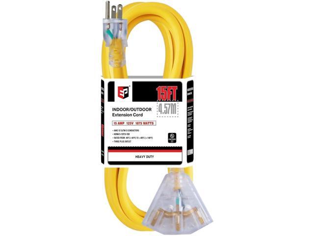 EP 15 Ft 12 Gauge Heavy Duty Extension Cord, 15A 125V 1875W, 3 Outlet Indoor/Outdoor Power Cord with Lighted End, 12/3 SJTW Weatherproof Yellow, UL...