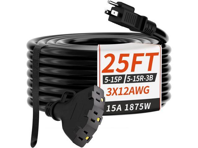 25 FT 12/3 Gauge Outdoor Extension Cord with Multiple Outlets, Flexible 3 Outlet Weatherproof Heavy Duty Extension Cord Waterproof Black, 15A 1875W...