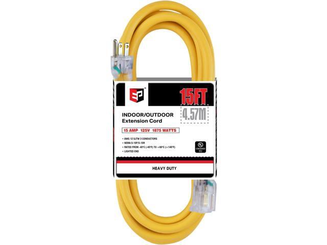 EP 15 ft Lighted Outdoor Extension Cord - 12/3 SJTW Heavy Duty Yellow Extension Cable with 3 Prong Grounded Plug - 15AMP Power Cord for Lawn,...