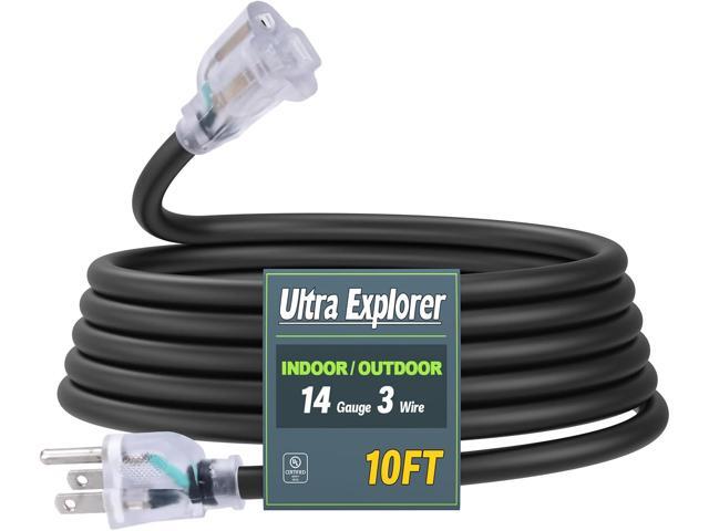14/3 SJTW Heavy Duty Outdoor Extension Cord 10 ft - 3 Prong Black Power Cord Waterproof with Lighted Indicator for Garden and Major Appliances