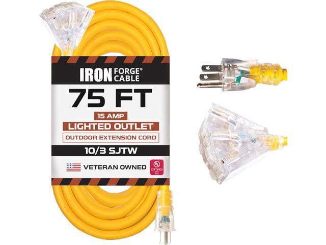 Iron Forge Cable 10 Gauge 75ft Lighted Outdoor Heavy Duty Extension Cord with 3 Outlets - 15 Amp 10/3 SJTW Yellow Extension Cord with Multiple Outlets