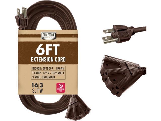 6 Ft Brown Extension Cord with 3 Electrical Power Outlet - 16/3 SJTW Heavy Duty Cable with 3 Prong Plug for Safety, 13 AMP for Heavy Appliances,...