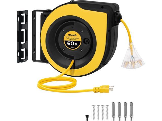 Retractable Cord Reel, 60 FT Heavy Duty Extension Cord, 12AWG/3C SJTOW, 3 Grounded Outlets Lighted Triple Tap, 15A Circuit Breaker, Wall/Ceiling...