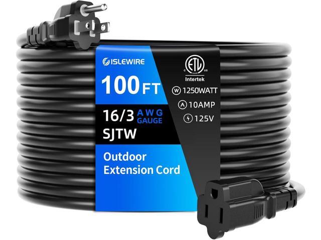 100 FT Outdoor Extension Cord Waterproof, Black, 3-Prong Power Cord, 16 AWG SJTW, 10A 1250W, Grounded, General Purpose Long Extension Cord for Lawn...