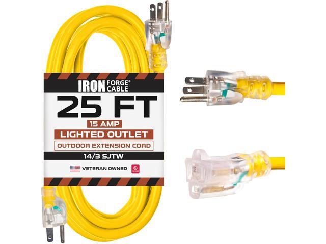 Iron Forge Cable Weatherproof 25 Ft Outdoor Extension Cord - 14/3 SJTW 15 Amp Heavy Duty Yellow Extension Cord 3 Prong - Lighted End