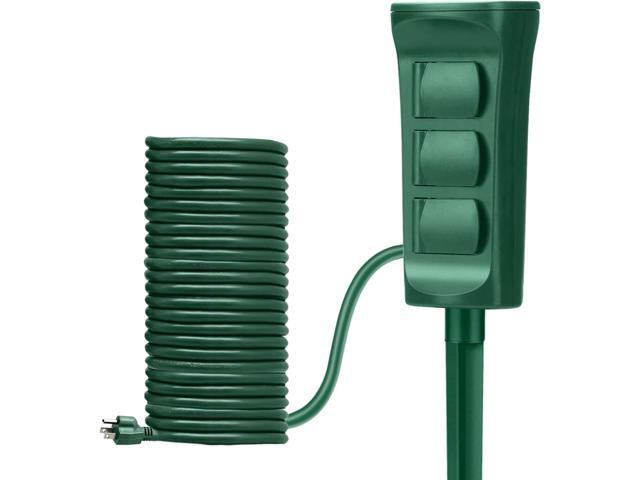 BESTTEN Outdoor Power Stake with 30ft Ultra Long Extension Cord, 3-Outlet Power Strip with Weatherproof Protective Covers, ETL Listed, Green