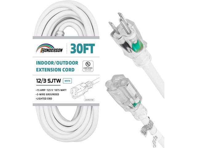 Indoor Outdoor Extension Cord Weatherproof with Lighted End, UL Listed, 12 Gauge 30FT White 3 Prong Heavy Duty, 12/3 SJTW 15A Power Cord for...