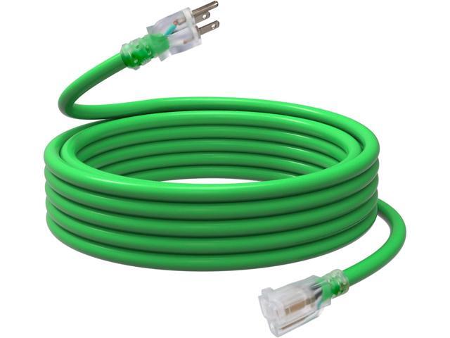 EP 25 Ft Outdoor Extension Cord, 12/3 SJTW Heavy Duty Waterproof Power Cable, 3 Prong Grounded Plug, Lighted End, for Lawn, Garden, Appliances, Green