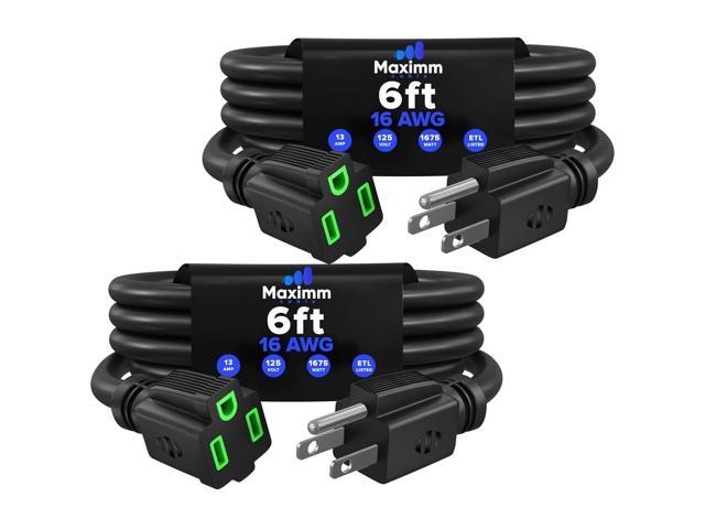 Maximm 6 Ft, 2 Pack, Black with Green Indicators Extension Cord, 16 AWG 3-Prong, Compact Indoor Power Cable ETL Listed