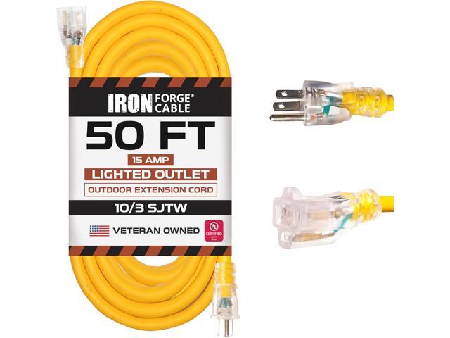 Iron Forge Cable Outdoor Extension Cord 50 Ft - 10 Gauge Heavy Duty Extension Cord, 15 AMP, 10/3 Yellow Power Cable SJTW Weatherproof with 3 Prong