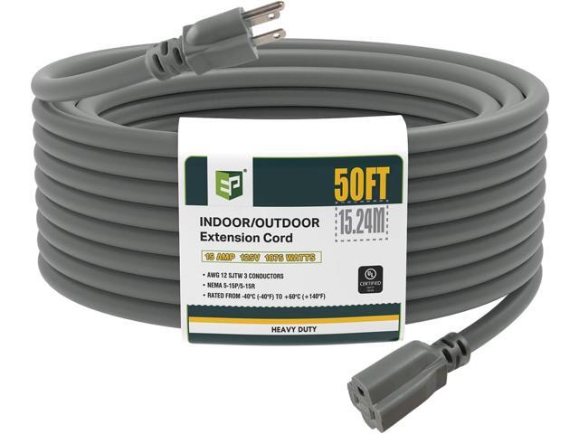 EP 50 Ft Outdoor Extension Cord, 12/3 SJTW Heavy Duty Extension Cable with 3 Prong Grounded Plug, 15 AMP Power Cord for Lawn, Garden, Appliances, Gray
