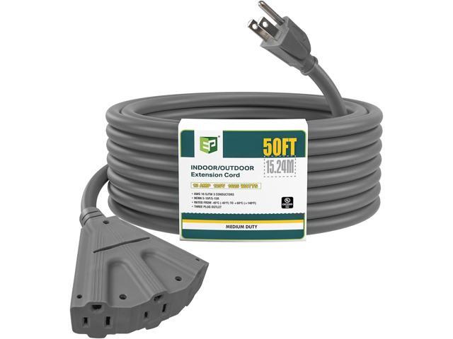 EP 50 Ft Outdoor Extension Cord with 3 Electrical Power Outlets - 16/3 SJTW Grey Cable with 3 Prong Grounded Plug for Safety Great for Christmas...