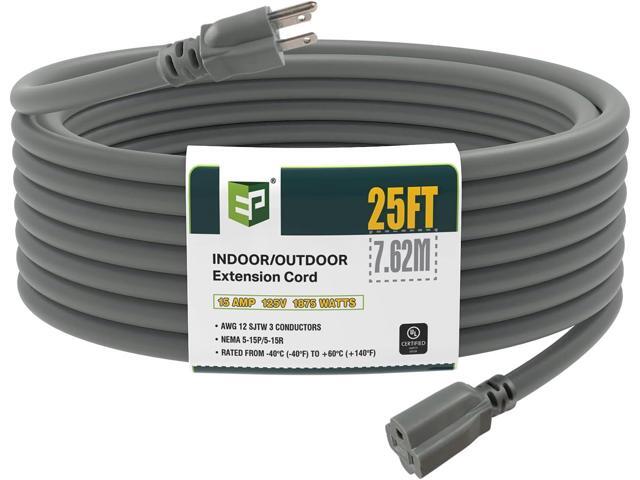 EP 25 Ft Outdoor Extension Cord, 12/3 SJTW Heavy Duty Extension Cable with 3 Prong Grounded Plug, 15 AMP Power Cord for Lawn, Garden, Appliances, Gray