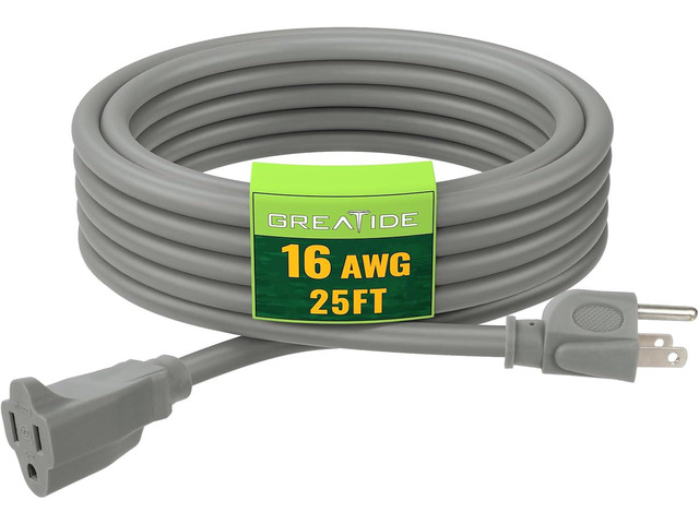 Indoor Outdoor Extension Cord 25 FT, 16/3 SJTW Weatherproof Grey Electrical Cords, 13 AMP Heavy Duty 3 Prong Power Cable Great for Garden,...