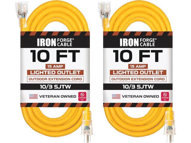 Iron Forge Cable Outdoor Extension Cord 10 Ft, 2 Packs - 10 Gauge Heavy Duty Extension Cord, 15 AMP, 10/3 Yellow Cable SJTW Weatherproof with 3 Prong