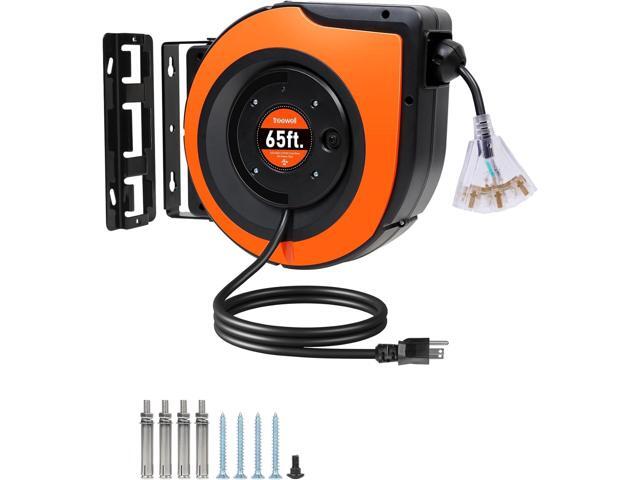 65FT Retractable Extension Cord Reel, 12AWG/3C SJTOW Heavy Duty Power Cord with Lighted Triple Tap Outlet, 15A Circuit Breaker, 180° Swivel...
