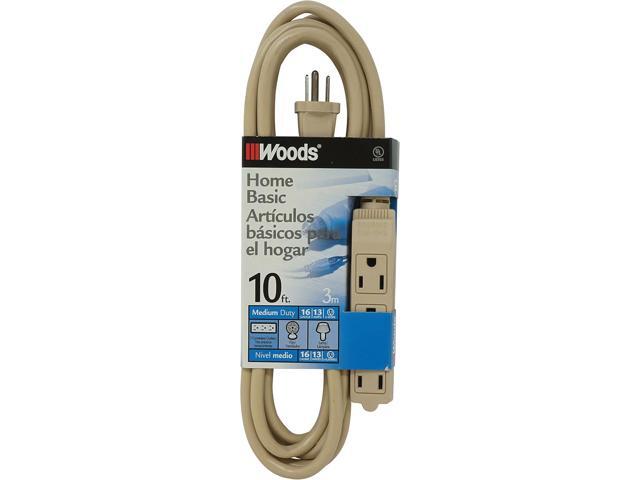 Woods Light Duty Extension Cord, 10Ft, 16 Gauge, 3 Conductor, 3 Outlet Cord, SJTW, Beige, 2865
