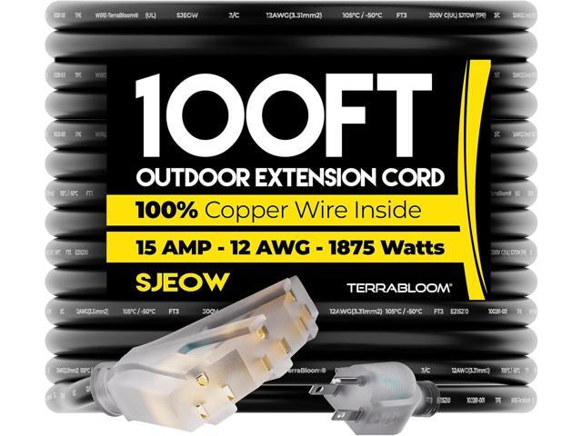 TerraBloom 12/3 Heavy Duty Extension Cord 100 FT Outdoor - Black Outdoor Extension Cord Multiple Outlet - Ultra-Flexible SJEOW Rubber, Light...