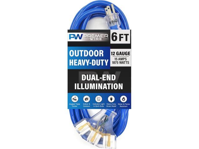 6 ft - 12 Gauge Heavy Duty Extension Cord - Lighted on Both Ends - SJTW Blue - Outdoor Extension_Cord Waterproof 6 ft by Premier Wire - 15 Amp...