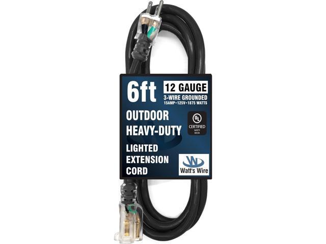 6 ft Heavy Duty Extension Cord - 12 Gauge Outdoor Extension_Cord - Lighted Single Outlet by Watt's Wire - 6' 12-Gauge Grounded 15 Amp Cord Splitter...