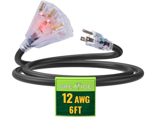6 Ft Lighted Outdoor Extension Cord with 3 Electrical Power Outlets - 12/3 SJTW Heavy Duty Black Extension Cable with 3 Prong Grounded Plug for...