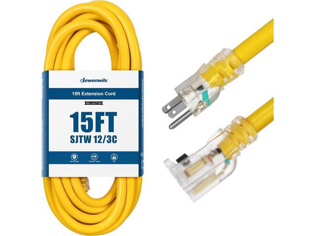 DEWENWILS 15 FT 12/3 Gauge Indoor/Outdoor Extension Cord with Lock, SJTW 15 Amp Yellow Outer Jacket Contractor Grade Heavy Duty Anti-Shedding Power...