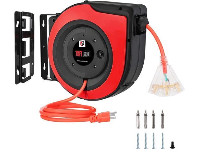 EP Retractable Extension Cord Reel,75 Feet 14 AWG/3C SJTOW Heavy Duty Power Cord,10 AMP Circuit Breaker, 3-Lighted Triple Outlets,Ceiling or Wall...
