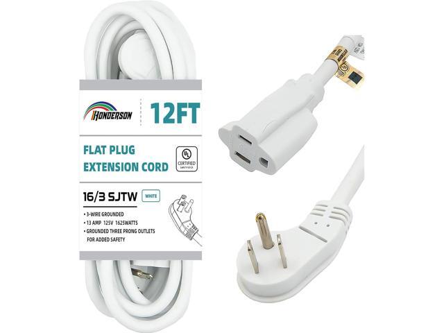 Flat Plug Indoor Extension Cord, UL Listed, 16 Gauge 12FT White 3 Prong Heavy Duty, 16/3 SJTW 13A Power Cord for Lights, Appliances, Home