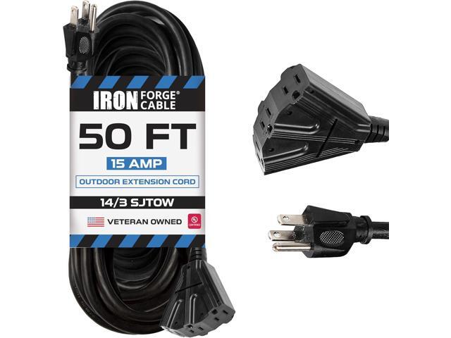 Iron Forge Cable 14 Gauge Outdoor Extension Cord 50 Ft with 3 Power Outlets, SJTOW 14/3 Heavy Duty 50 ft Black Extension Cord 3 Prong, Oil...