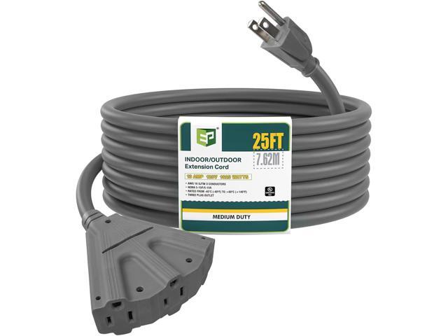 EP 25 Ft Outdoor Extension Cord with 3 Electrical Power Outlets - 16/3 SJTW Grey Cable with 3 Prong Grounded Plug for Safety Great for Christmas...