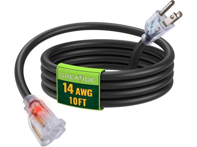 10 Ft 14/3 Lighted Outdoor Extension Cord - 14 Gauge SJTW Heavy Duty Black Extension Cable with 3 Prong Grounded Plug, Great for Lawn, Garden,...