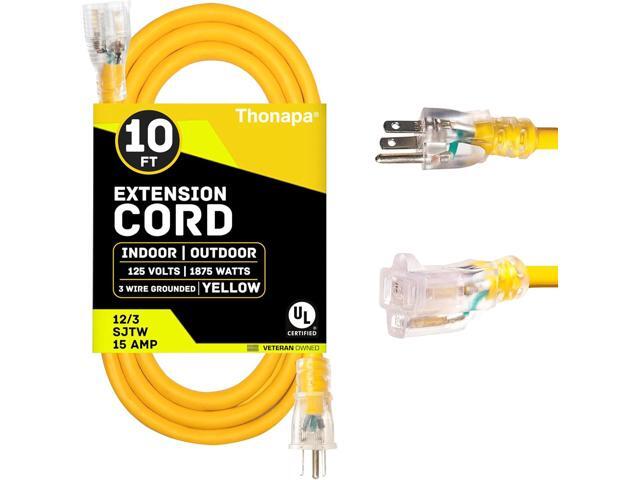 10 Foot Lighted Outdoor Extension Cord - 12/3 SJTW Heavy Duty Yellow Extension Cable with 3 Prong Grounded Plug for Safety - Great for Garden and...