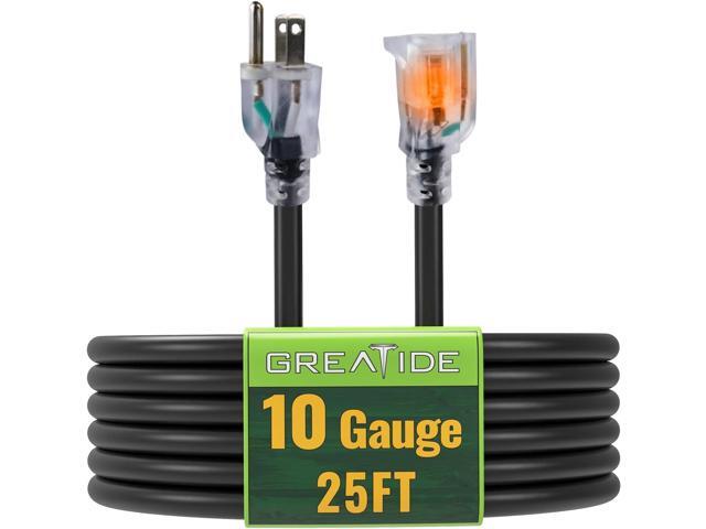 25 Ft Lighted Outdoor Extension Cord - 10/3 SJTW Heavy Duty Black Extension Cable with 3 Prong Grounded Plug for Safety, UL Listed