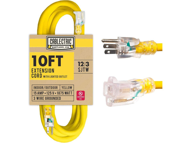 10 Ft Outdoor Extension Cord - 12/3 SJTW Heavy Duty Yellow 12 Gauge Lighted Electrical Cable with 3 Prong Grounded Plug