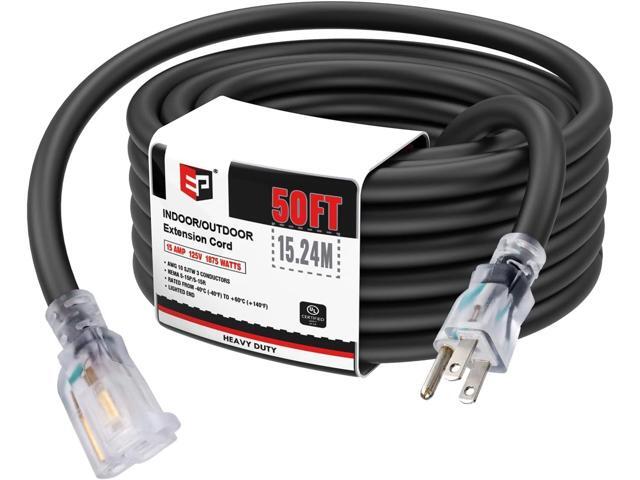 EP 50 Ft Lighted Outdoor Extension Cord - 10/3 SJTW Heavy Duty Black Extension Cable with 3 Prong Grounded Plug for Safety, UL Listed