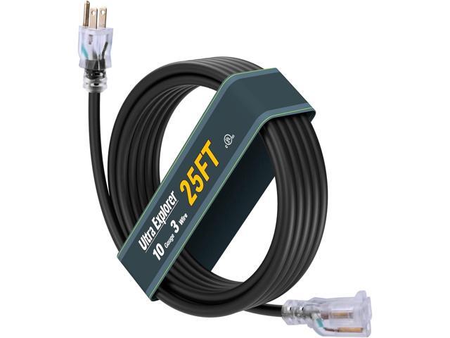 10 Gauge Heavy Duty Outdoor Extension Cord 25 FT, Waterproof Exterior Extension Cable with Lighted, 3 Prong Appliance Power Cord Outside, SJTW, 125...